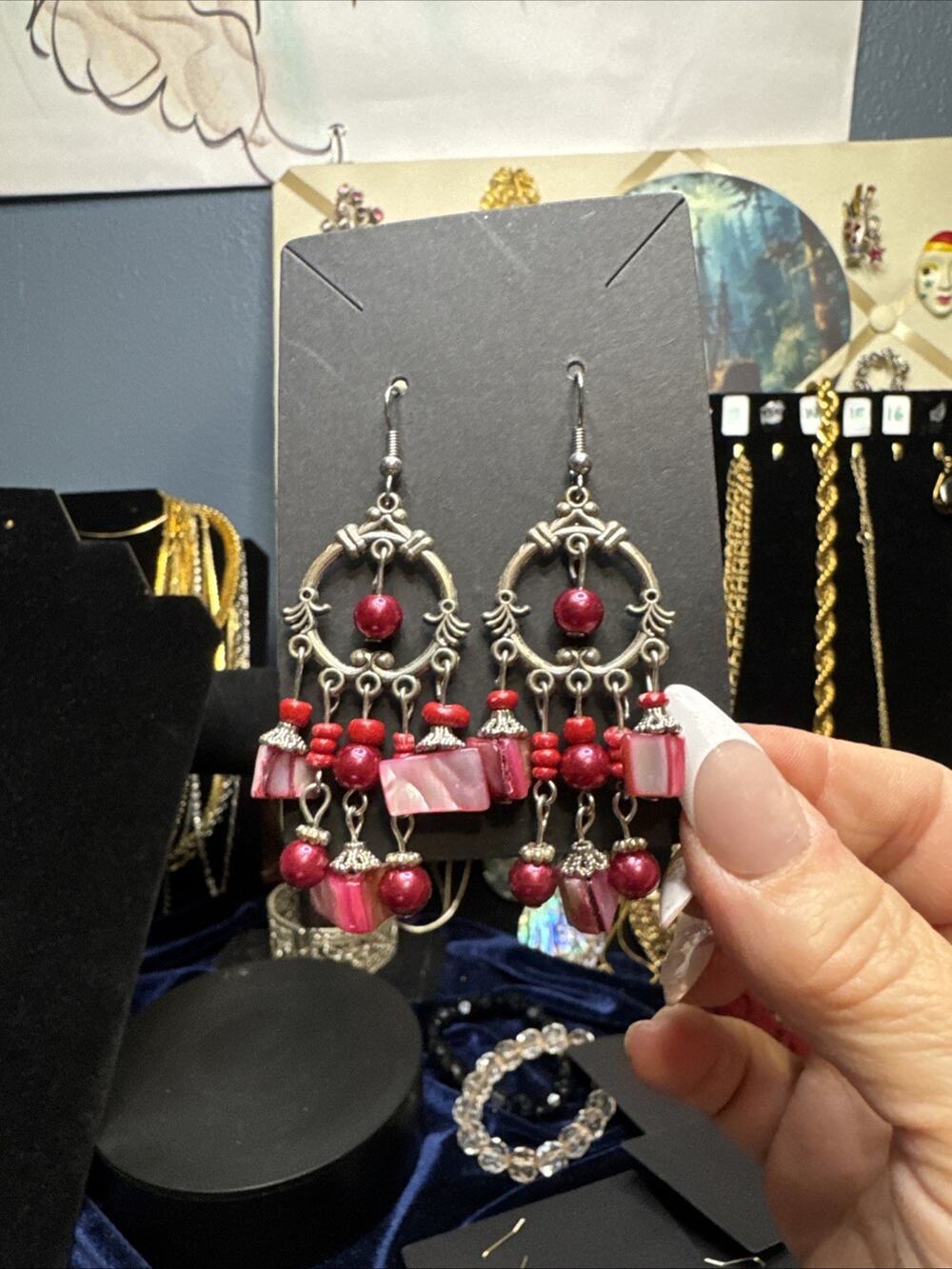 Vintage Pink Dyed Mother of Pearl Shell Chandelier Dangle Earrings Boho